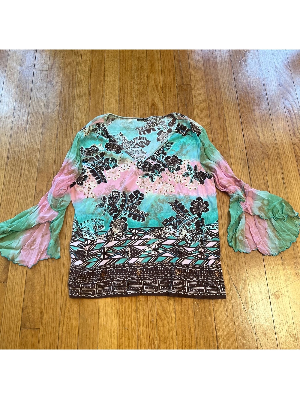 Vintage Y2K boho whimsical floral mesh flared sleeve top